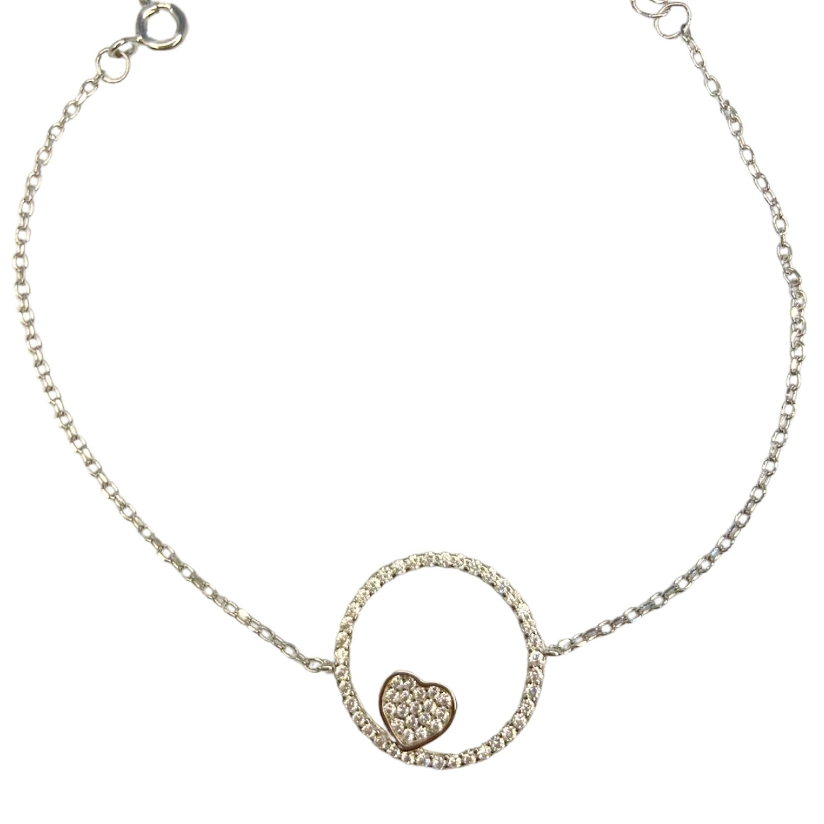 PULSERA DE PLATA CIRCULO CON CORAZON Y CIRCONIAS , LARGO 17+3 CM 