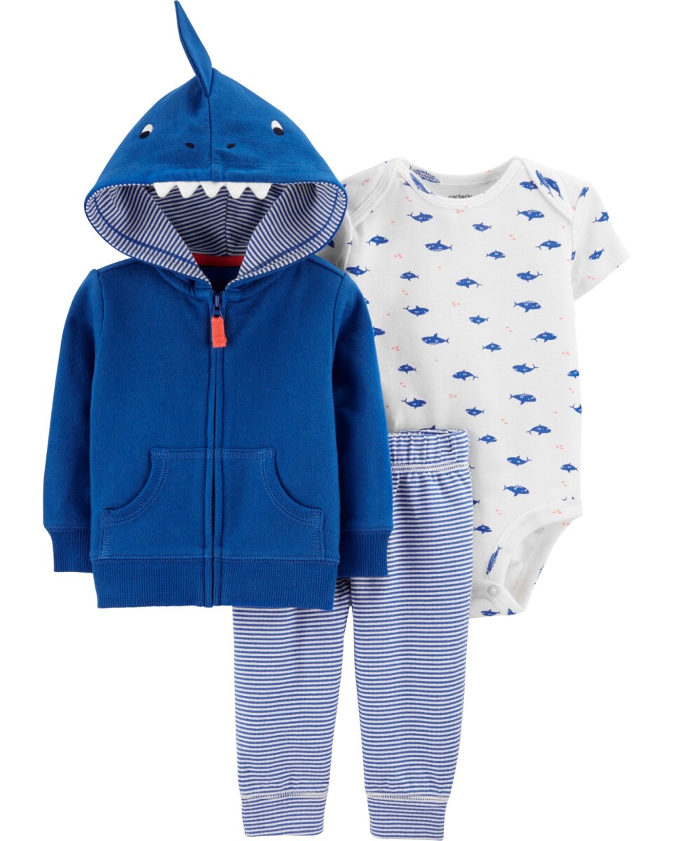 Set tres piezas de algodón, campera, pantalón y body, diseño tiburón 