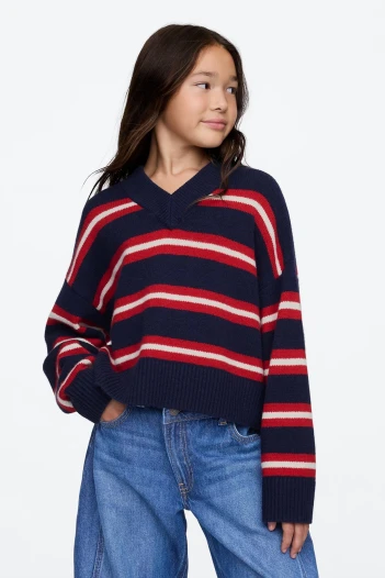 Buzo Cashsoft Cuello V Niña Navy Red Stripe