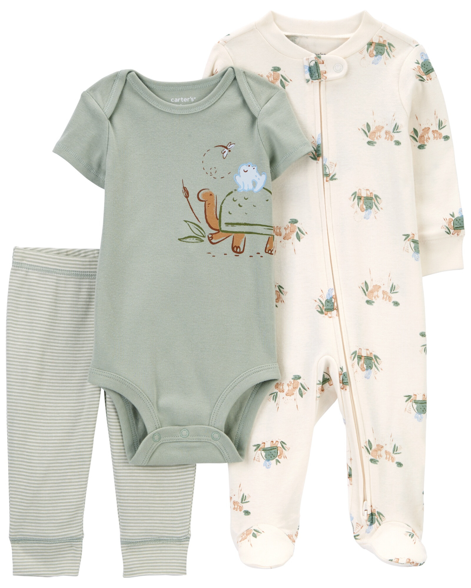 Set tres piezas de algodón, pijama con pie, pantalón y body, diseño tortuga Set tres piezas de algodón, pijama con pie, pantalón y body, diseño tortuga