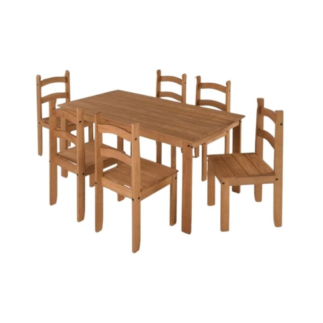 JUEGO DE COMEDOR MESA Y 6 SILLAS EN MADERA MACIZA MIEL