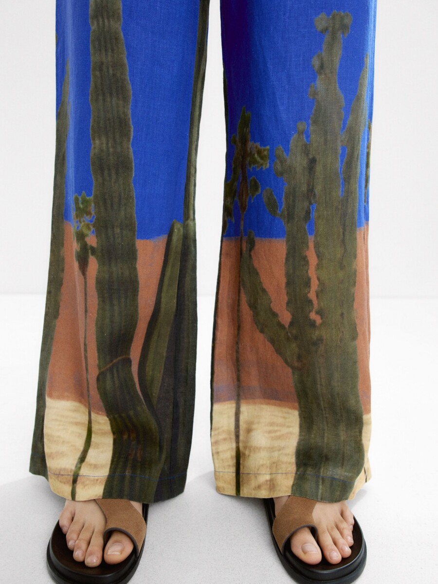 Pantalón Estampado 100 % Lino azul