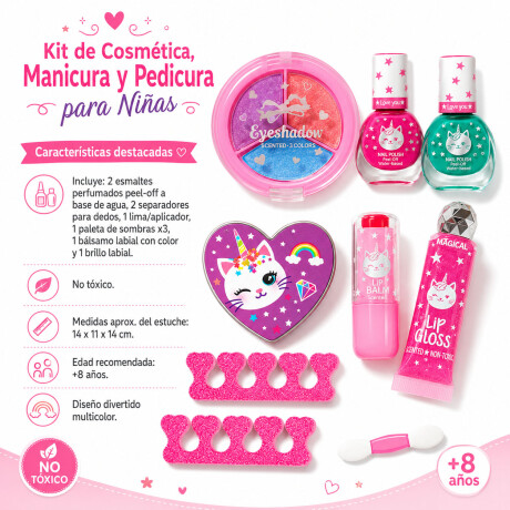 Kit Cosmética Manicura Pedicura Labial Sombra Esmalte p/Niña Arcoíris
