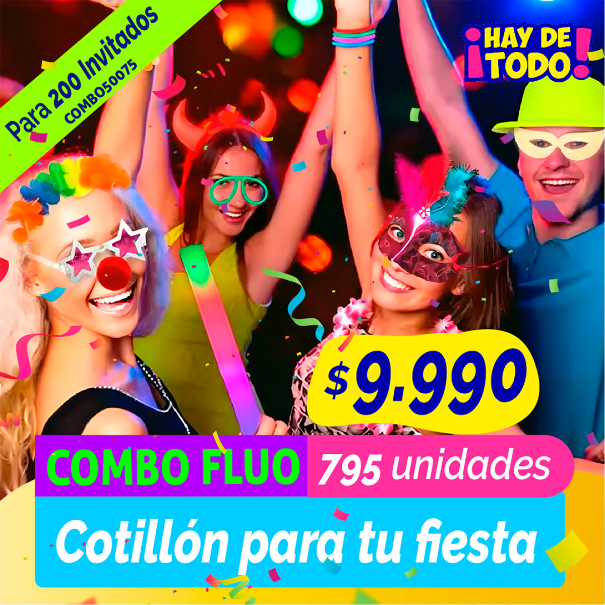 Combo Cotillon Fluo Luminoso 200 Invitados - 784 Articulos 