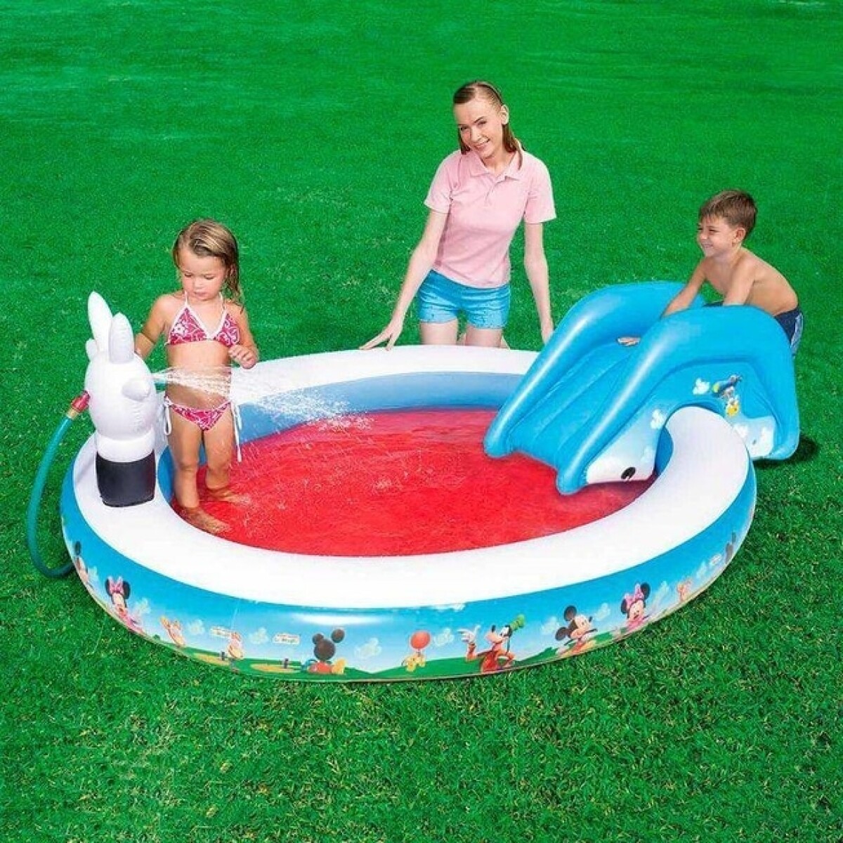 Piscina Inflable Mickey 236 Lts Tobogán Y Roseador Agua 