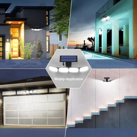 Foco Solar de Pared Ajustable 4 Luces Led c/Sensor y Control Negro