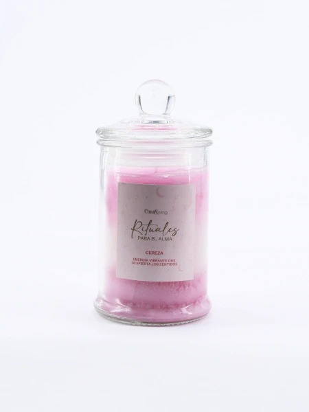 VELA FRASCO VIDRIO TAPA FRUTILLA FUCSIA