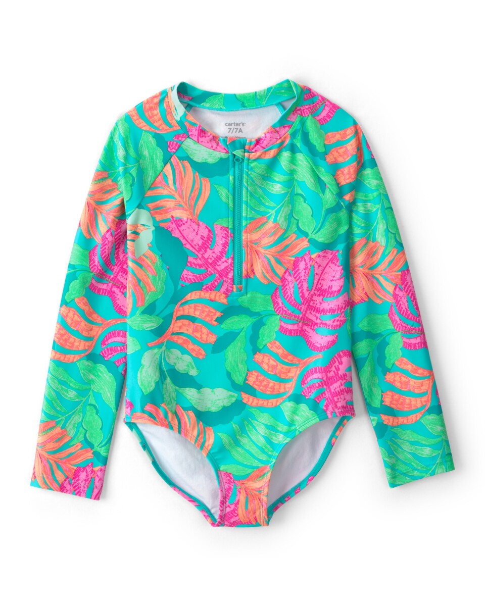 Malla de baño 1 pieza manga larga con protección UPF 50+, verde, diseño tropical 