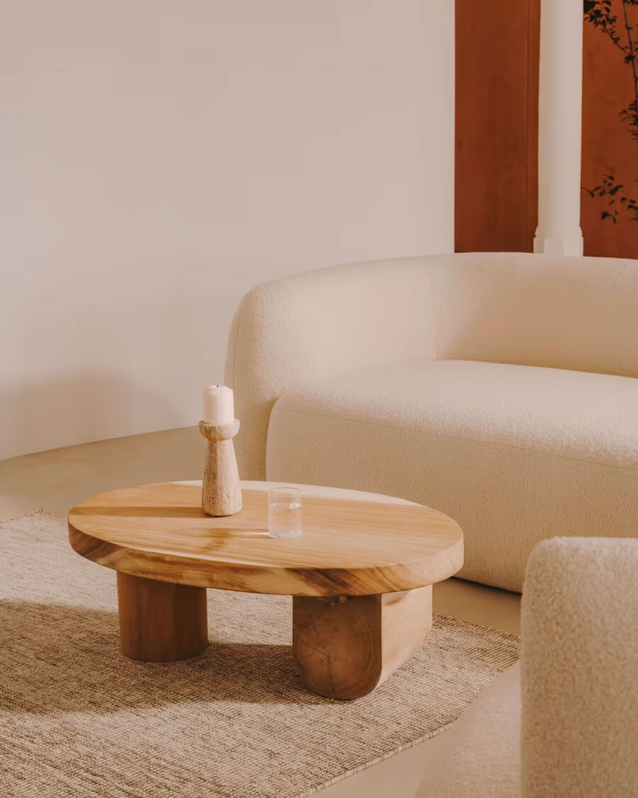 Mesa de centro Mosi con pie de madera maciza de mungur Ø 90 x 60 cm