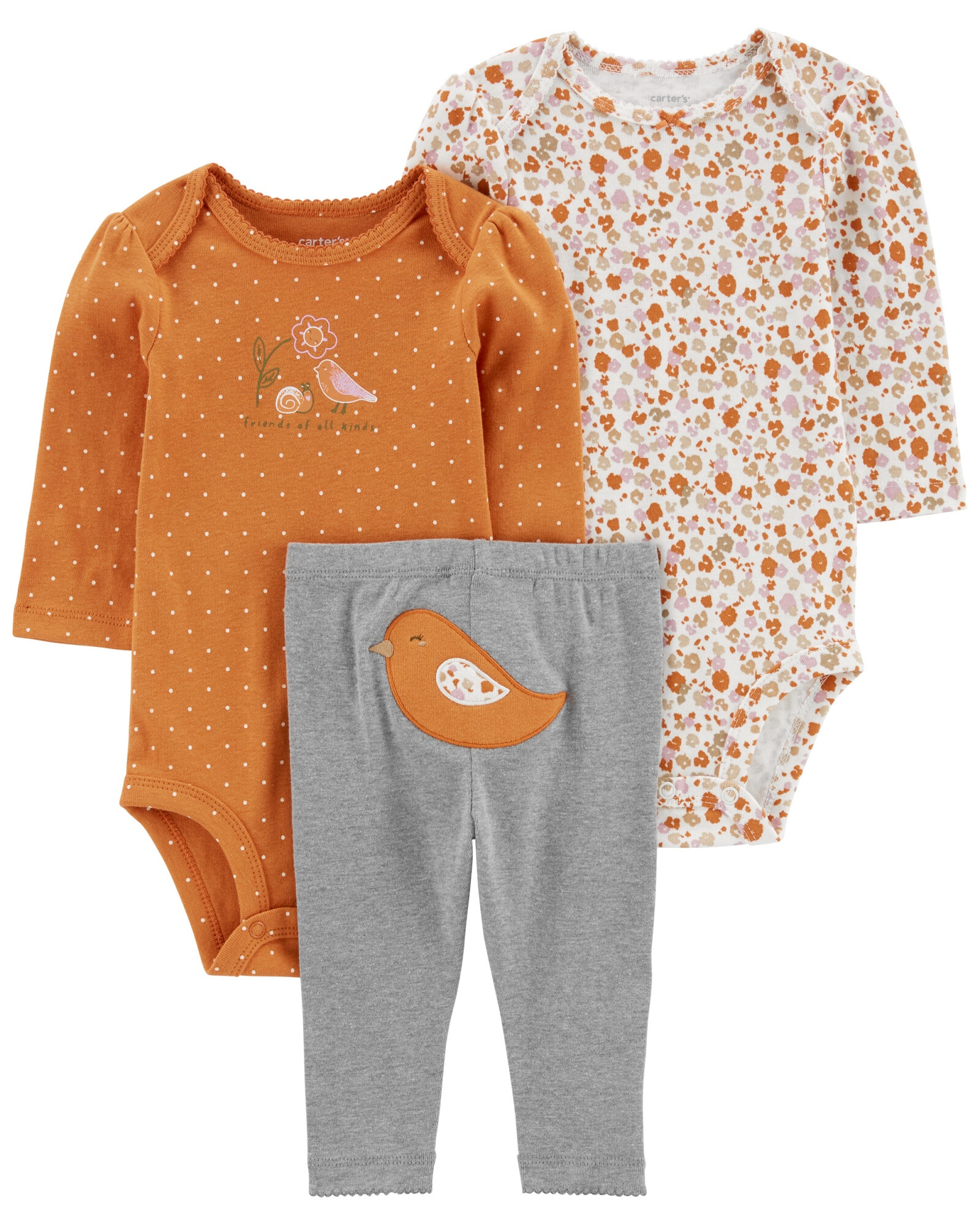 Set tres piezas de algodón, pantalón y bodies, diseño pájaro Set tres piezas de algodón, pantalón y bodies, diseño pájaro