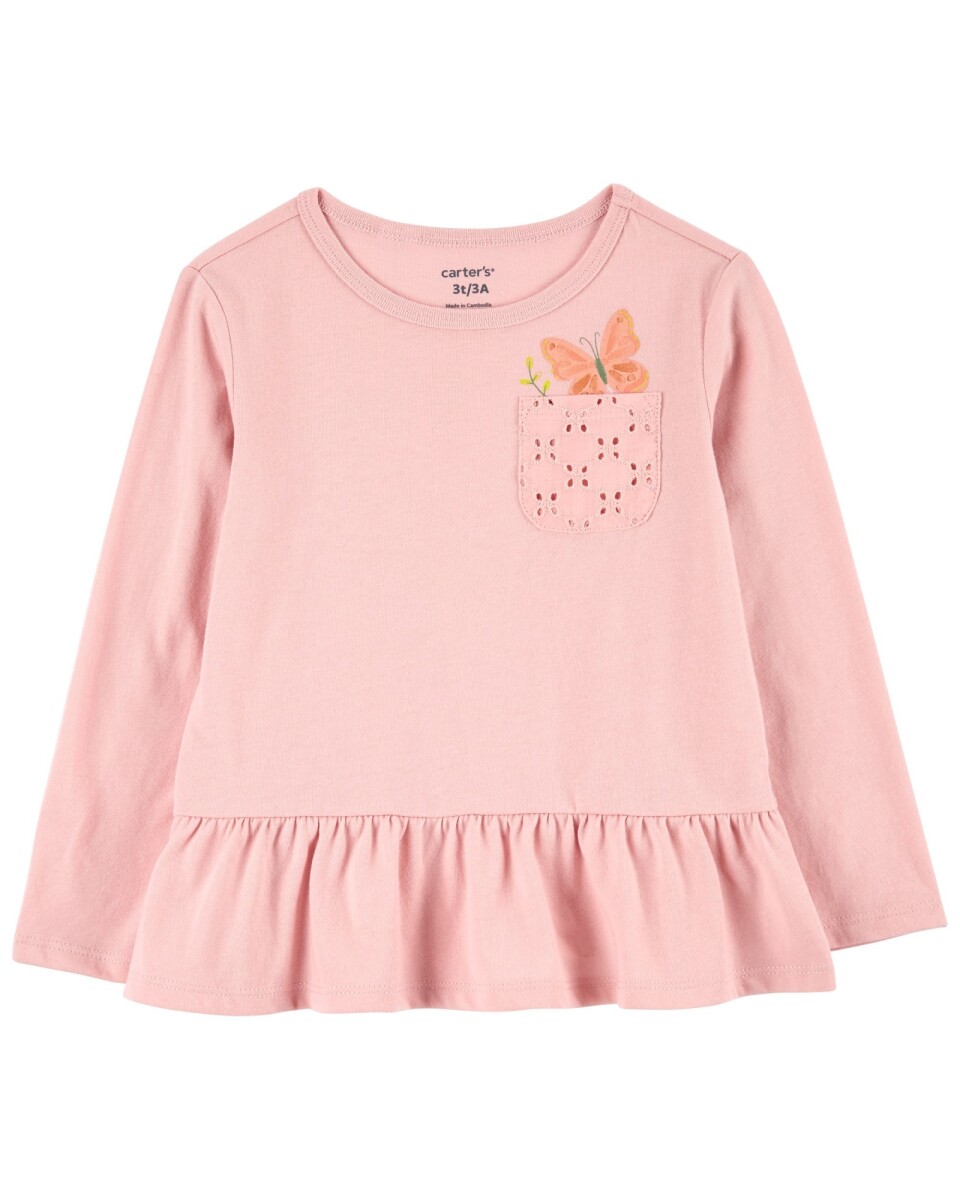 Remera de algodón con bolsillo de ojales y estampa mariposa. Talles 0-24M 