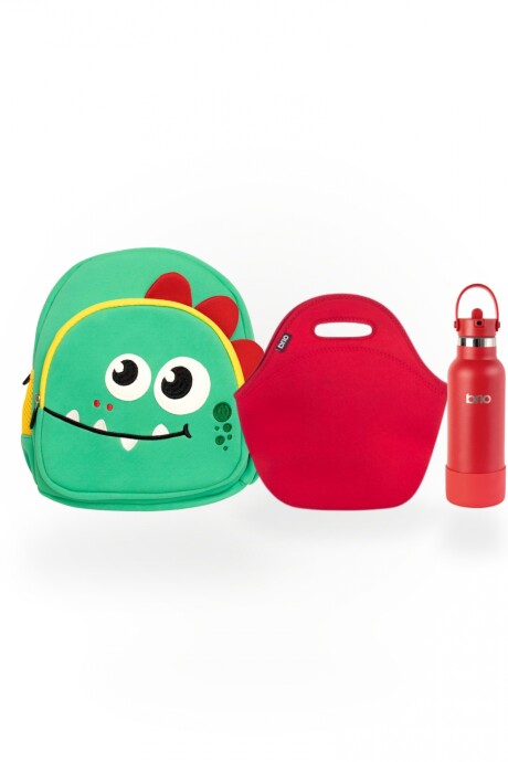 Set de mochila infantil animales de neopreno, lunchera de neopreno y botella de acero inoxidable 500ml brio set-lisaroja