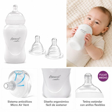 Set Evenflo Mamadera Anticólicos 270Ml+2 Tetinas Flujo Medio Blanco