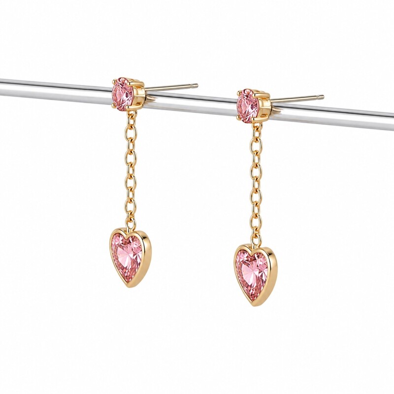Caravanas colgante corazón zirconia rosa-Oro bajo-Zirconia rosa-CA8496. conpiedra