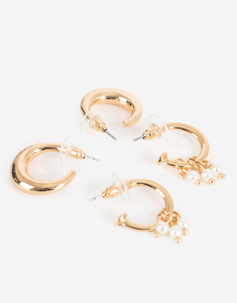 Aros Argollas Set Perlas Set De 2 Pares De Argollas De Metal Con Perla Bañado En Oro - Dorado