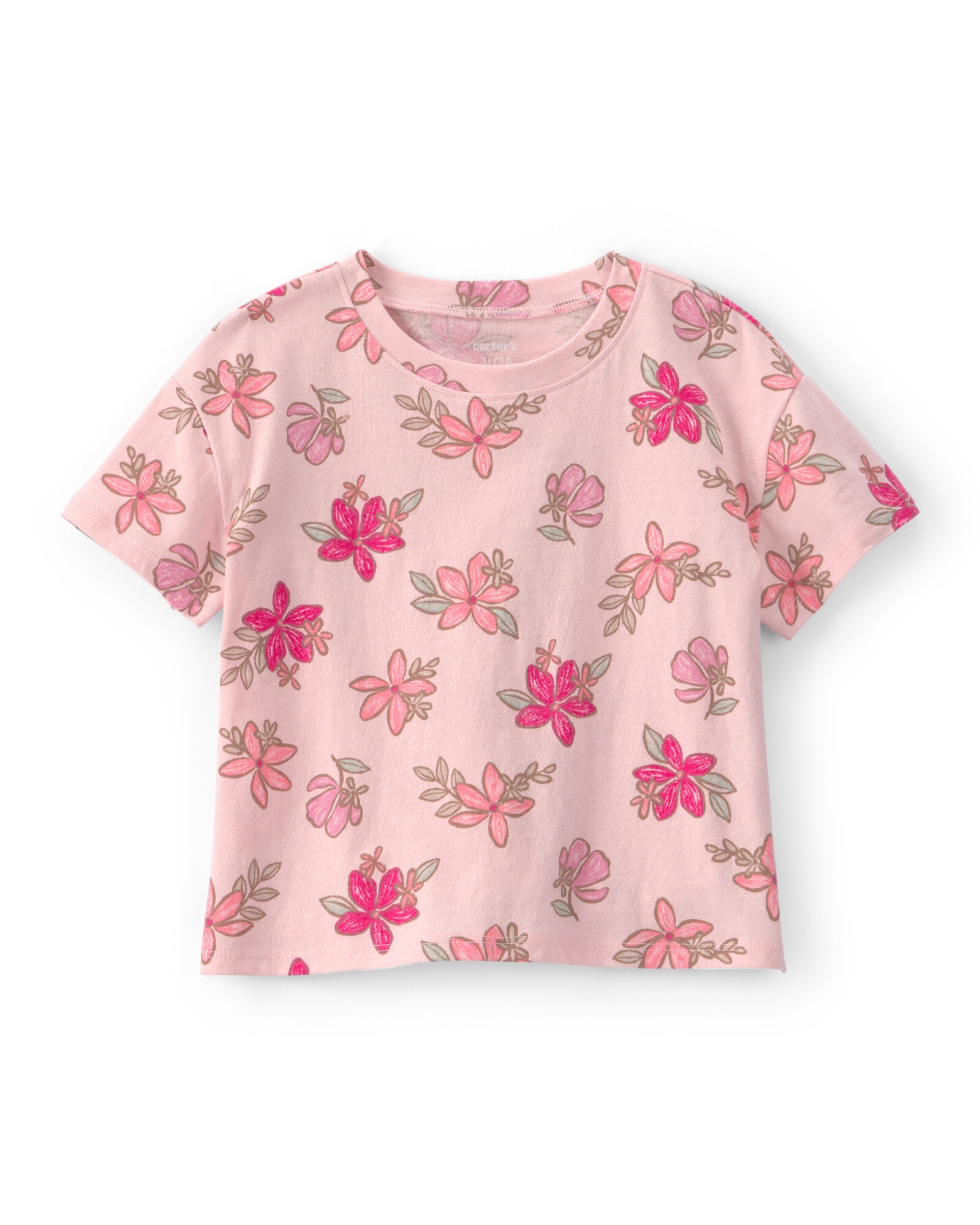 Remera de algodón, manga corta, rosada, diseño floral Sin color