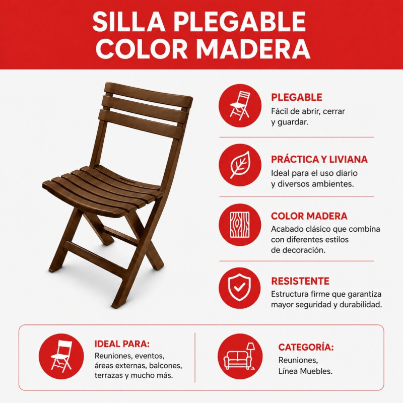 Silla Plegable Simil Madera Reforzada Plástico MARRON