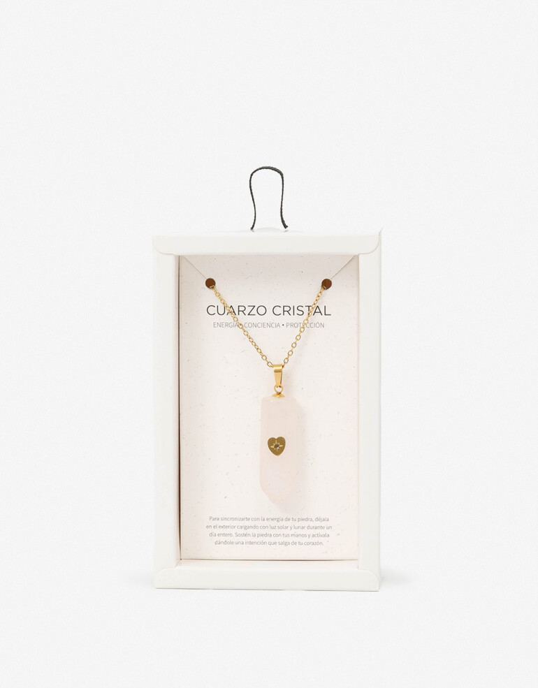 Cadena Corta con Dije Piedra Collar De Acero Con Piedra Cuarzo Rosa - Dorado