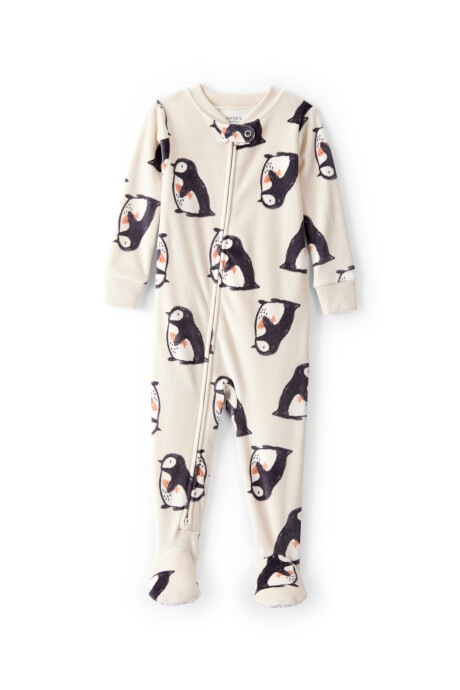 Pijama una pieza de DreamPlush, con pie, crema, diseño pingüinos. Talles 2-5T Sin color