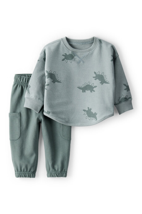 Set dos piezas de algodón, pantalón y buzo, verde, diseño dinos Sin color