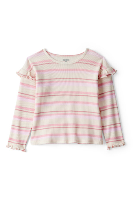 Remera de algodón, con volados, diseño a rayas Sin color