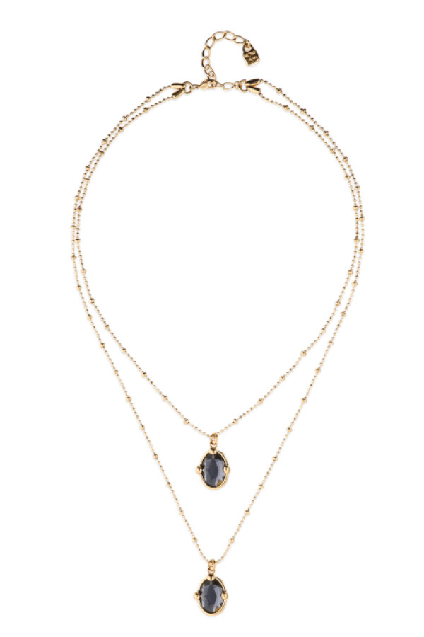 COLLAR DOBLE DE ALEACIÓN DE METALES BAÑADO EN ORO Y 2 CRISTALES FACETADOS PEQUEÑOS Colgante