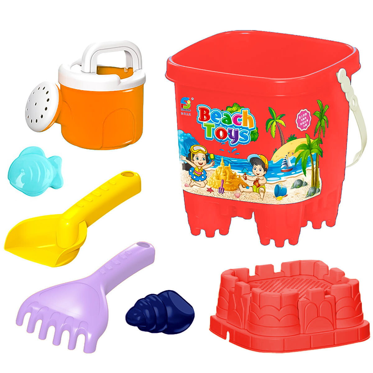 Set 7pcs Balde Playa + Pala + Rastrillo + Moldes - Rosa 