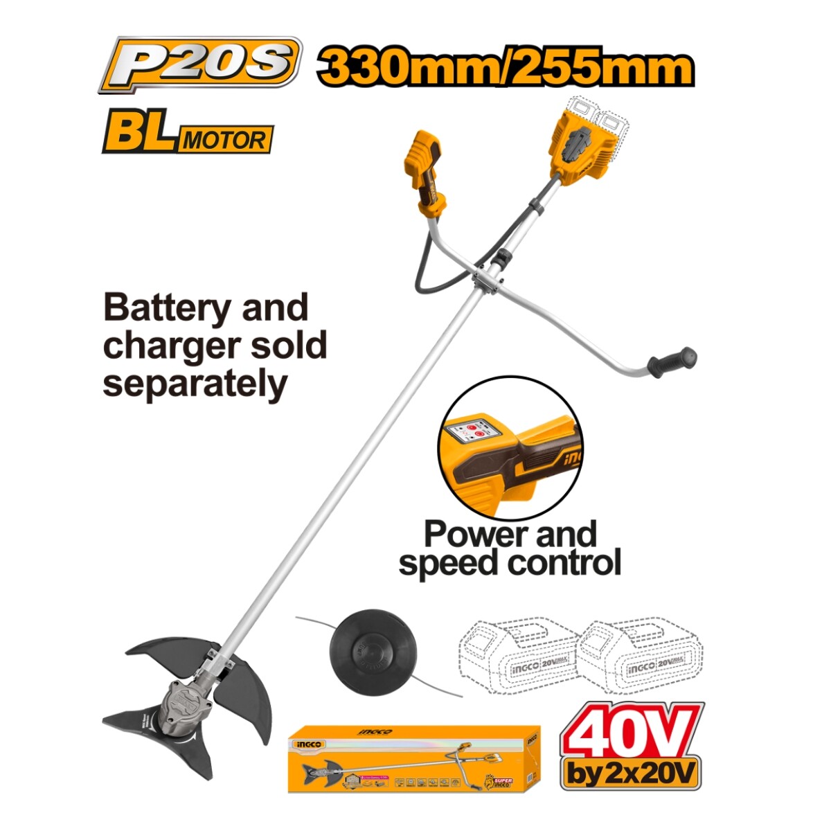 Desmalezadora a Bateria 2OV Brushless P20S S Bateria Ingco CSTLI20018 