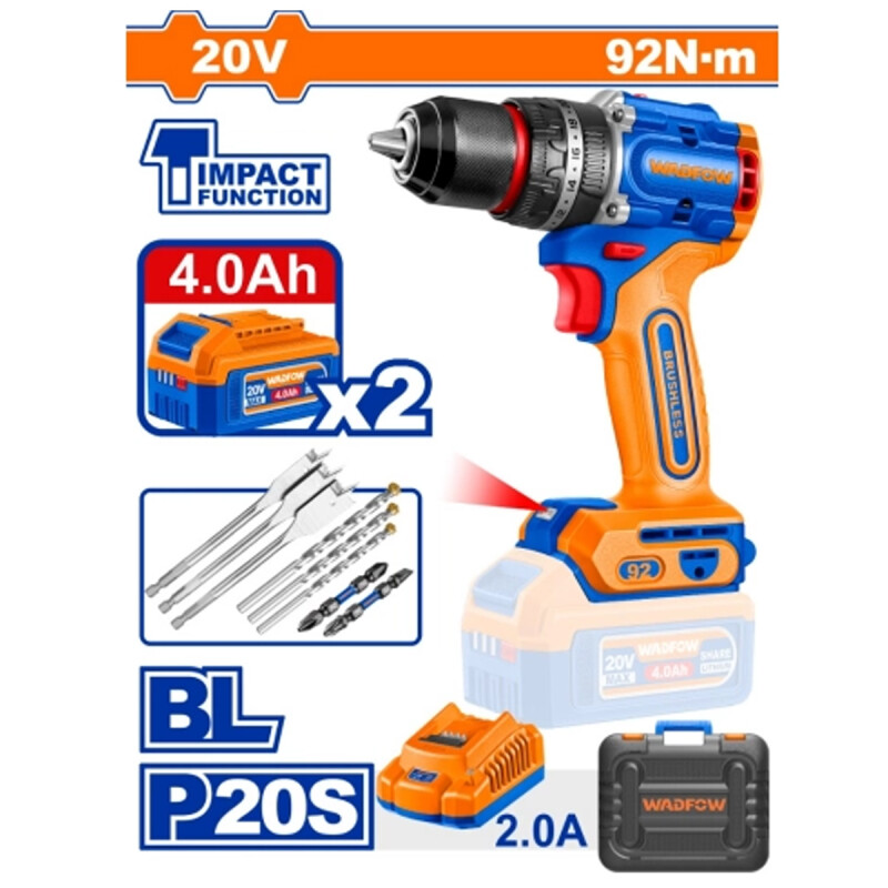 TALADRO ATORNILLADOR CON PERCUTOR 92NM A BATERIA 20V + 2 BAT 4.0AH + CARGADOR TALADRO ATORNILLADOR CON PERCUTOR 92NM A BATERIA 20V + 2 BAT 4.0AH + CARGADOR