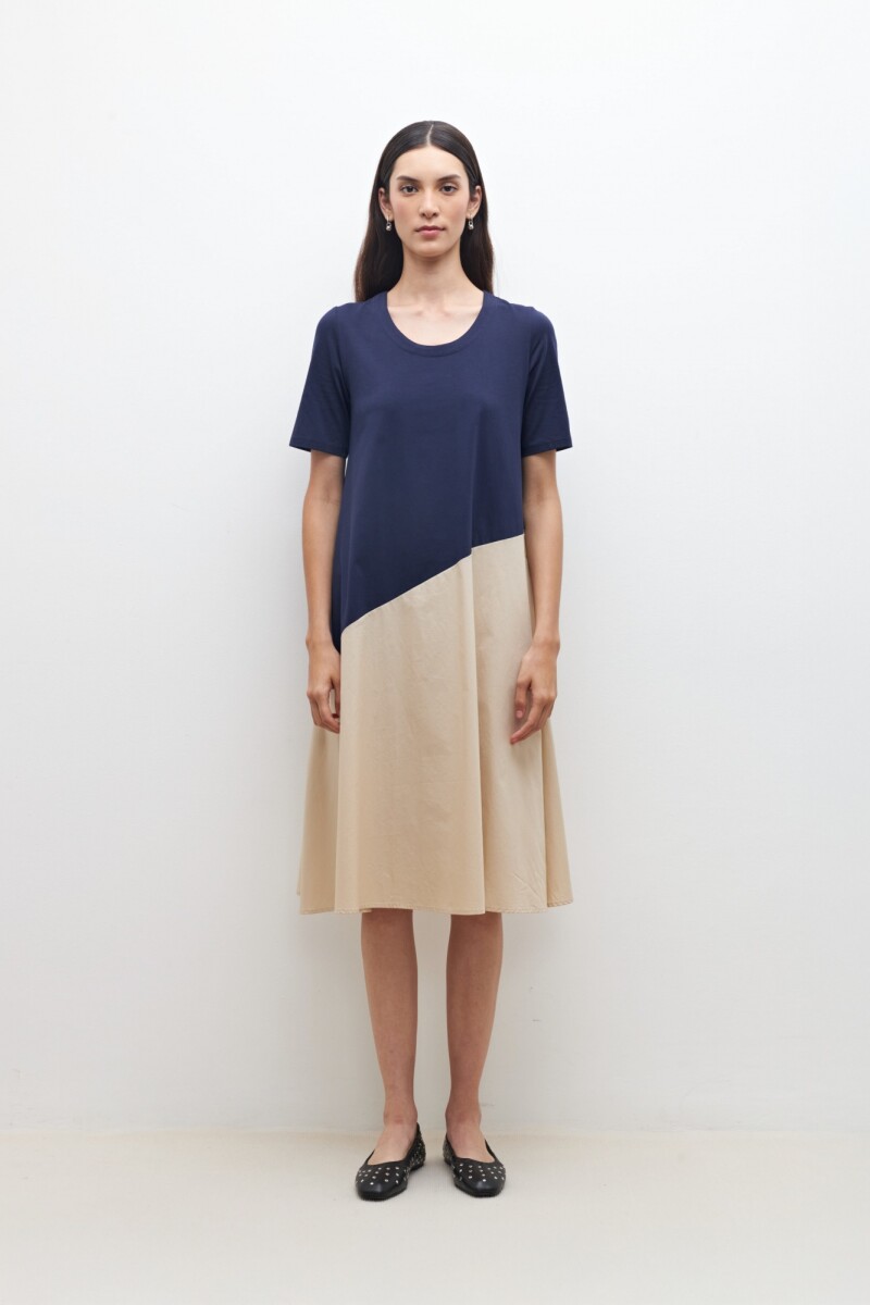 Vestido color block manga corta azul marino