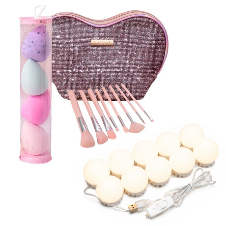 Set Maquillaje 8 Brochas + 4 Esponjas + Luces LED P/Espejo Rosa