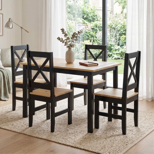 Juego de comedor 4 sillas - Madera maciza - Cruceta Negro