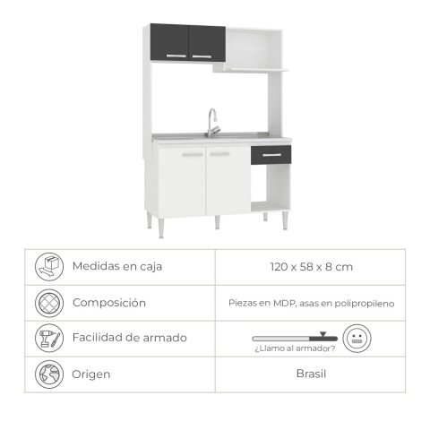Kit de cocina compacta 4 puertas 1 cajón 122x52x187cm + Pileta Central Acero Reforzada con Hormigón Blanco / Grafito
