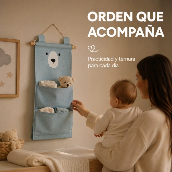 Organizador Colgante Osito Con 3 Bolsillos Para Bebé 60x20cm Azul