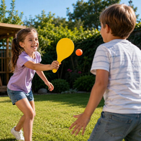 Set De 2 Paletas De Madera Para Playa + Pelota Amarillo