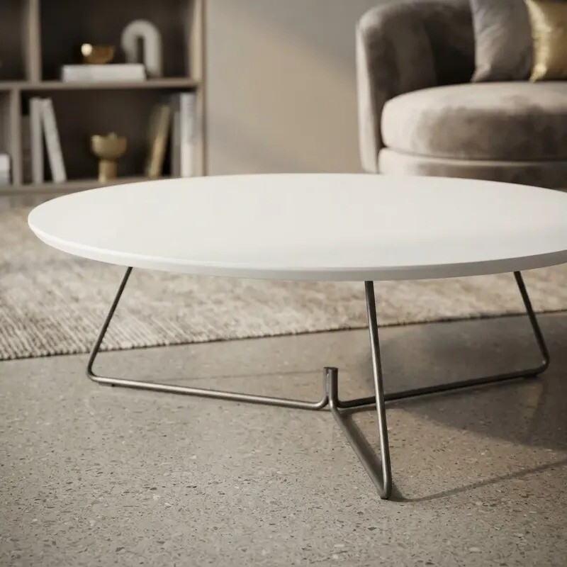 MESA DE CENTRO REDONDA - MADERA COLOR BLANCO Y PIE EN METAL GRAFITO - 90cms MESA DE CENTRO REDONDA - MADERA COLOR BLANCO Y PIE EN METAL GRAFITO - 90cms