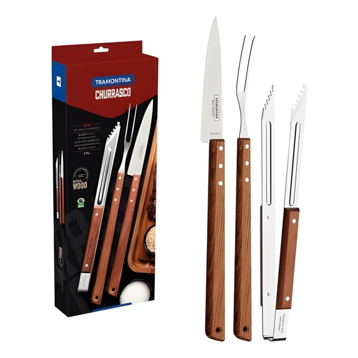 Juego para Asado 3 Piezas Tramontina Churrasco Madera Natural 