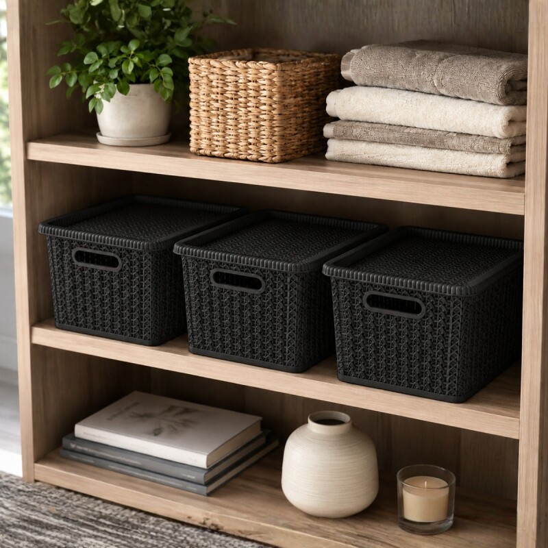 Set x3 caja organizadora simil ratán 5L NEGRO