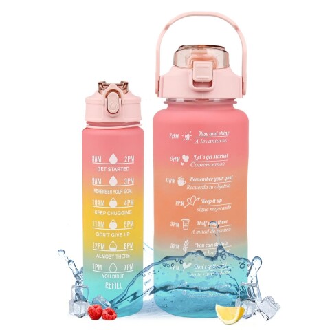 Set X2 Botella De Agua Deportiva 2L + 800 ML MotivacionaL Color Variante Rosa