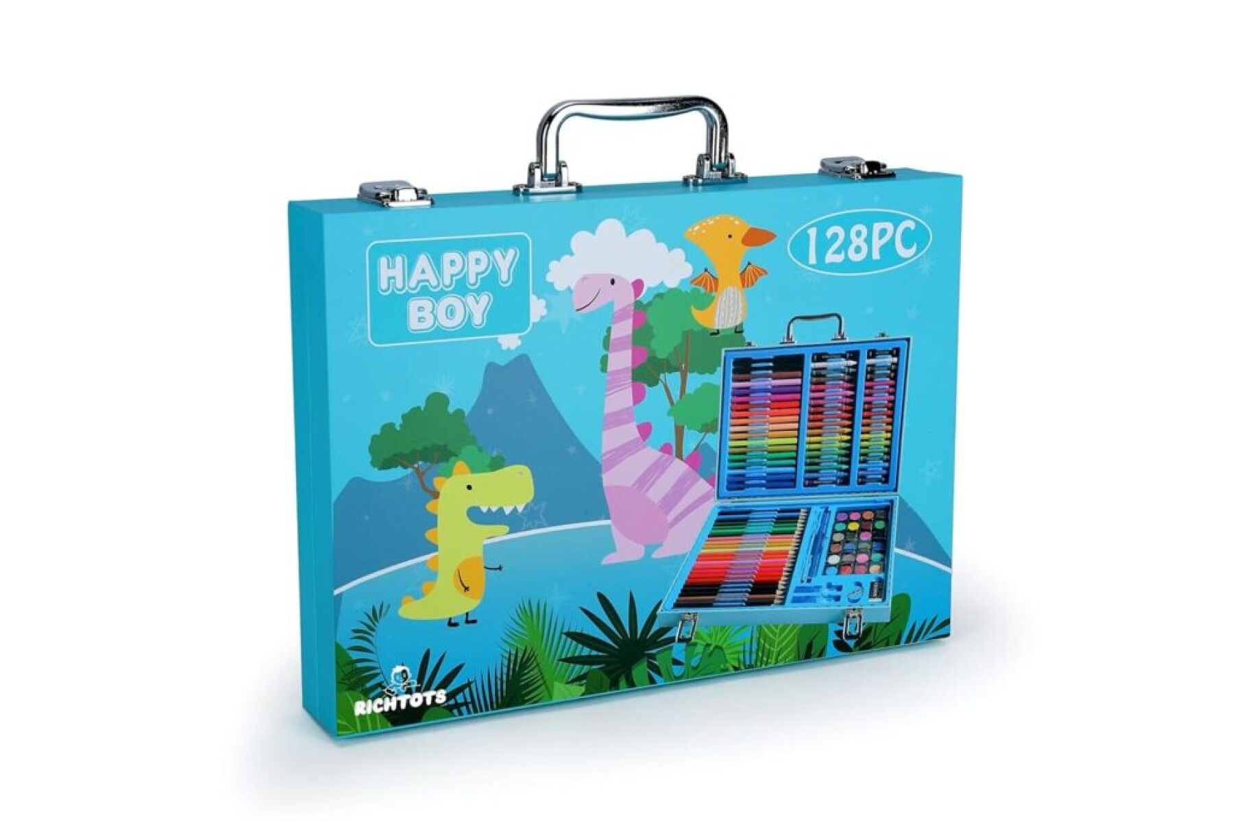 Valija infantil 128 Piezas Marcadores Lápices Crayones Madera - Celeste 