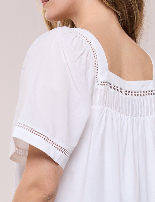Blusa Holgada Escote Cuadrado Con Puntilla Calada BLANCO