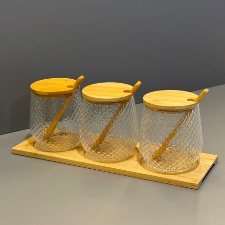 Juego de 3 Porta Condimentos con Base de Bambú Juego de 3 Porta Condimentos con Base de Bambú