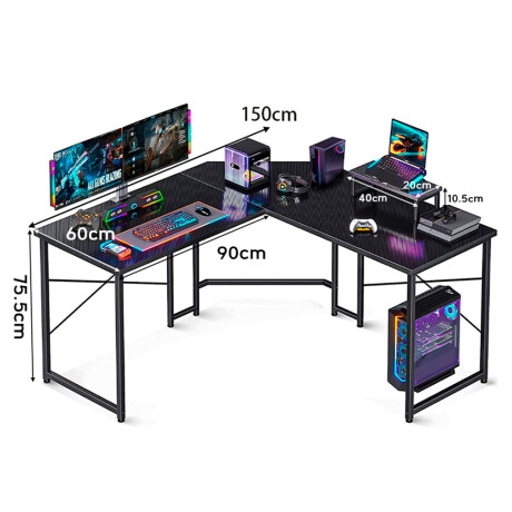 Escritorio Gamer En L Elevación Monitor 150Cm Carbono Ub NEGRO