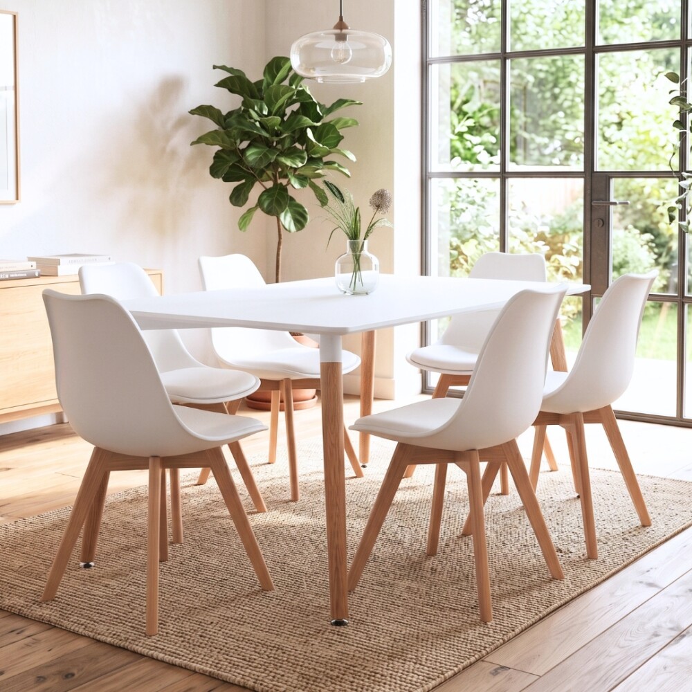 Juego de Comedor 6 Sillas Eames acolchada 120 Blanco