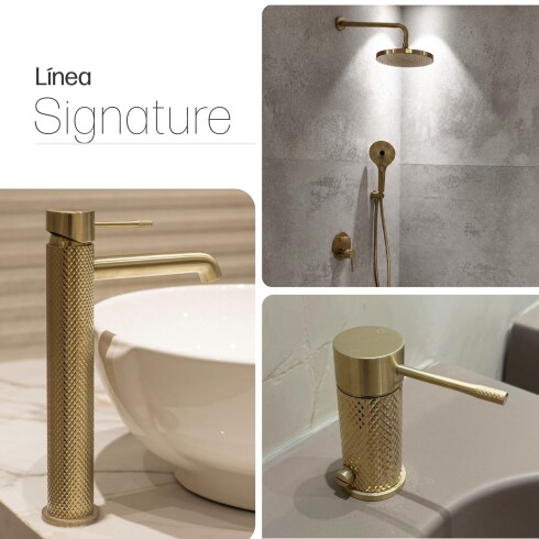 JUEGO DE GRIFERIA SIGNATURE BRUSHED GOLD CON LAVATORIO ALTO DORADO-BRUSHED GOLD