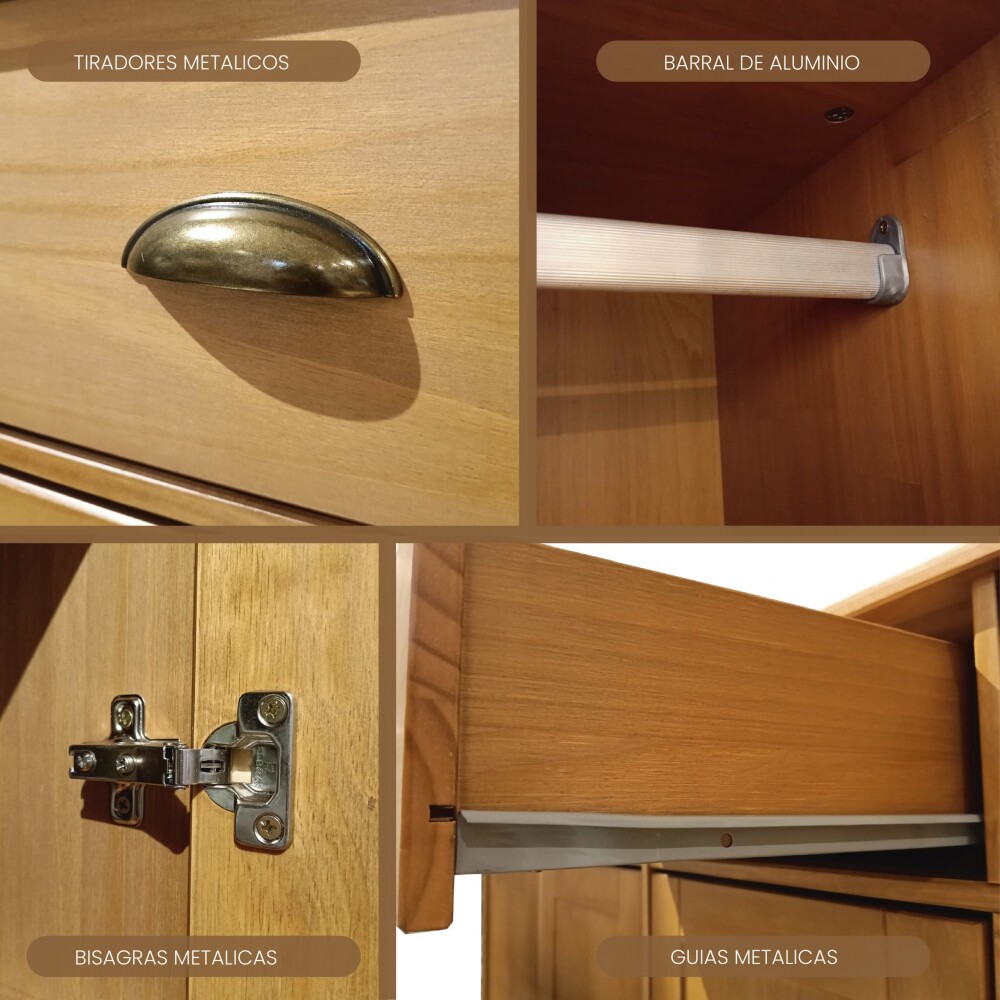 Ropero 4 puertas 2 cajones - Madera maciza - Linea Colonial Marrón