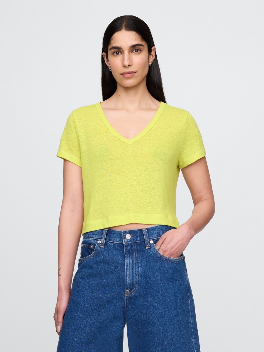 Remera Lino Crop Manga Corta Mujer - Limeade 13-0645 Tcx 