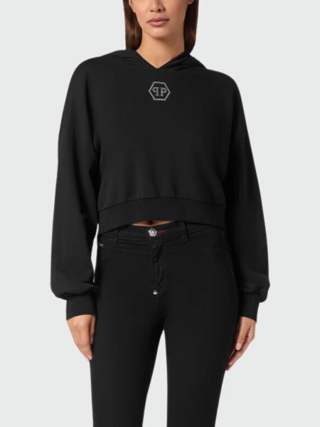 PHILIPP PLEIN - Sudadera corta c/capucha Cristales Hexágono Negro