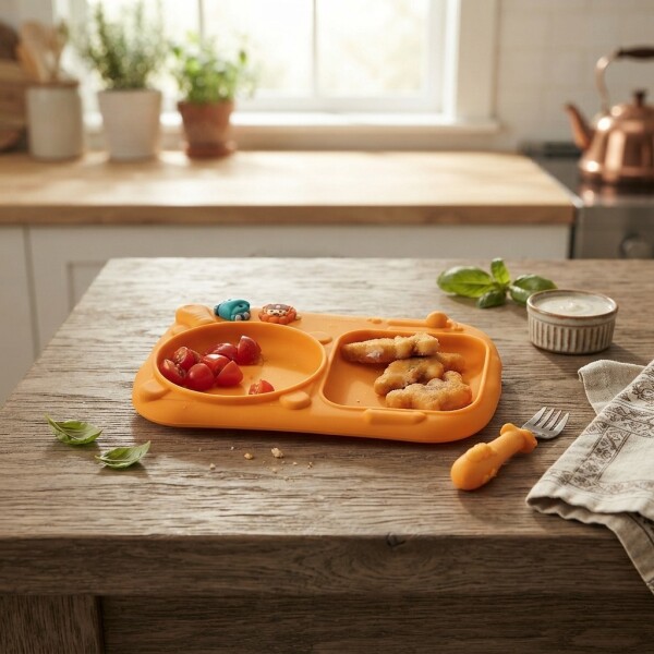 Plato Infantil Silicona Divisiones Antideslizante Bebé Naranja 1