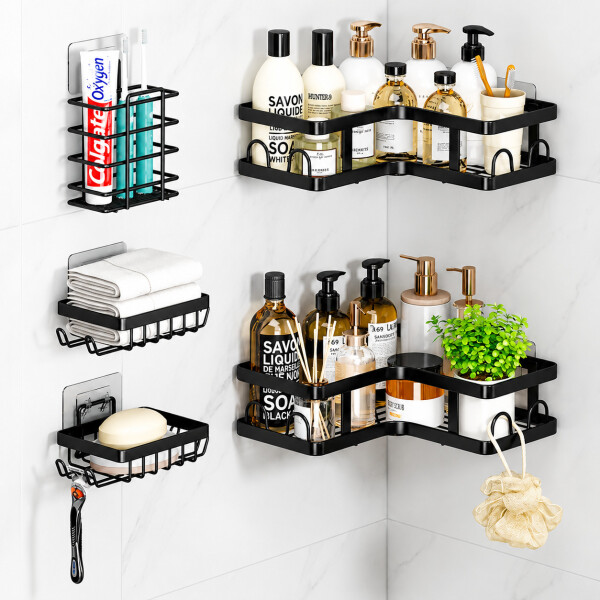 Organizador Baño Estante 5 Piezas Adhesivo Acero Inoxidable Negro 1
